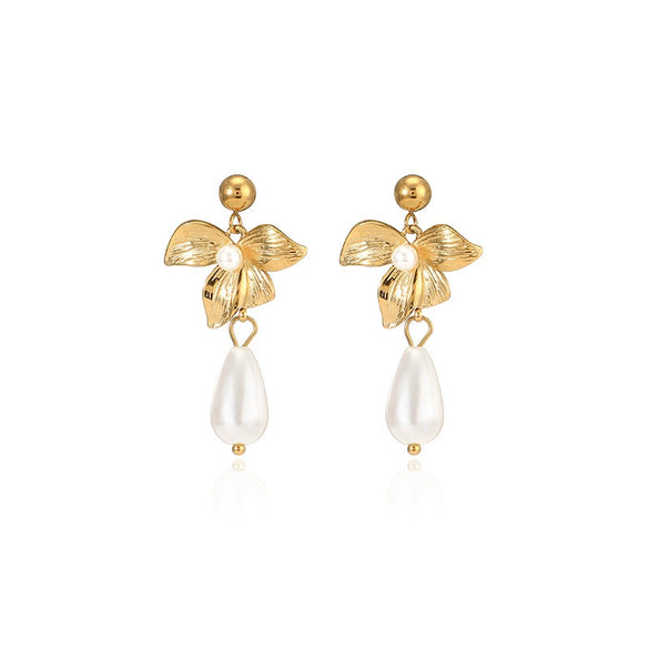 Wholesale Women's Minimalist Threedimensional Flower Pendant Tassel Stainless Steel Goldplated Resin Electroplated Earrings