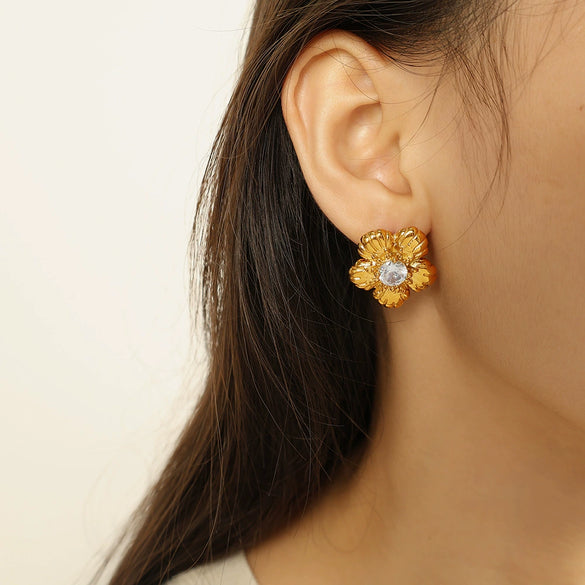 Wholesale Women's Minimalist 316L Stainless Steel Flower Pattern Inlay Earrings With Electroplating