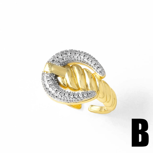 Wholesale Women's Minimalist Twisted Cross Opening Goldplated Copper Ring With Zircon