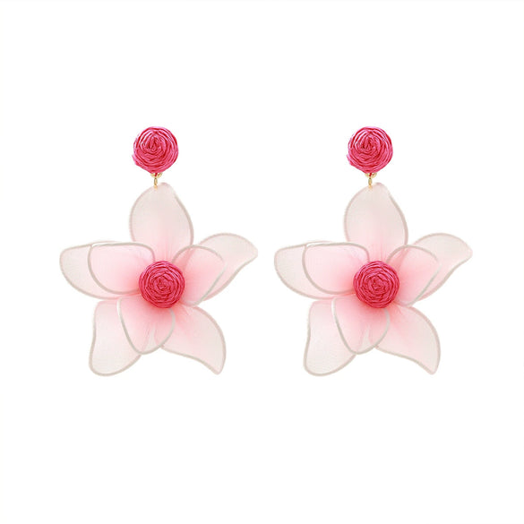 Wholesale Women's Mixed Materials Hand Knitted Flower Shape Cloth Raffia Grass Earrings Fashion Bohemia Design