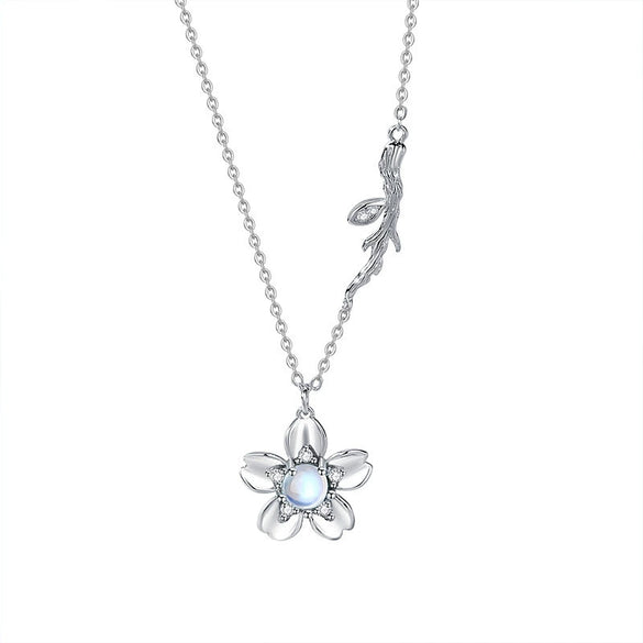 Wholesale Women's Mori Style Cherry Blossom Geometric Flower Inlaid Zircon S925 Sterling Silver Rotating Necklace