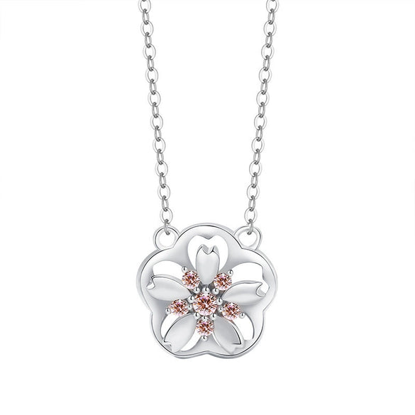 Wholesale Women's Mori Style Cherry Blossom Geometric Flower Inlaid Zircon S925 Sterling Silver Rotating Necklace