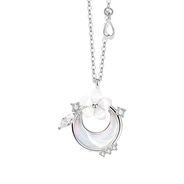 Wholesale Women's Mori Style Cherry Blossom Geometric Flower Inlaid Zircon S925 Sterling Silver Rotating Necklace