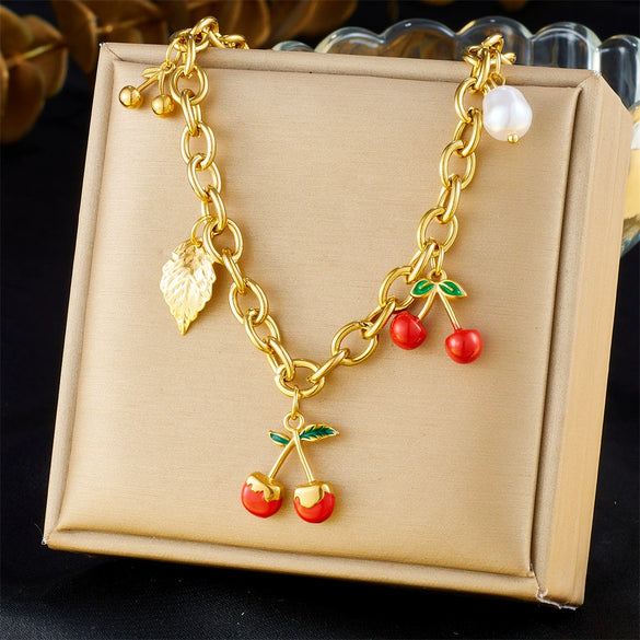 Wholesale Women's Multi Element Fruit Shaped Pendant Necklace With Stainless Steel O Chain And Electroplating