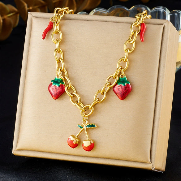 Wholesale Women's Multi Element Fruit Shaped Pendant Necklace With Stainless Steel O Chain And Electroplating