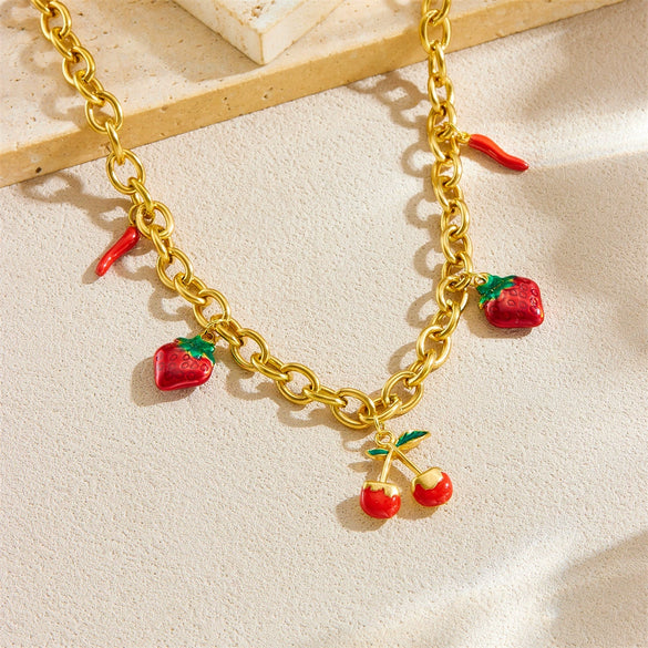 Wholesale Women's Multi Element Fruit Shaped Pendant Necklace With Stainless Steel O Chain And Electroplating