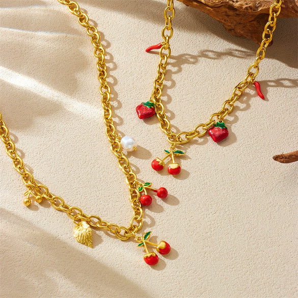 Wholesale Women's Multi Element Fruit Shaped Pendant Necklace With Stainless Steel O Chain And Electroplating