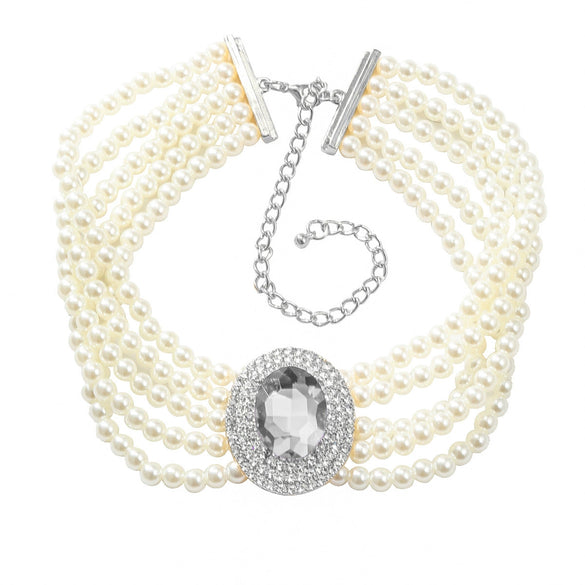 Wholesale Women's Multi Layer Imitation Pearl Necklace With Alloy Oval Pendant And Snake Bone Chain Geometric Diamond Design