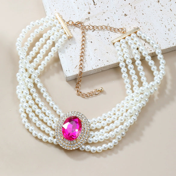 Wholesale Women's Multi Layer Imitation Pearl Necklace With Alloy Oval Pendant And Snake Bone Chain Geometric Diamond Design