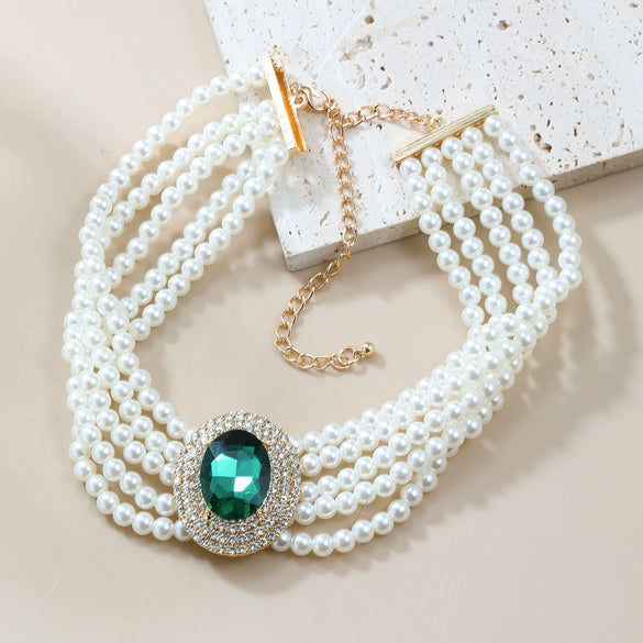 Wholesale Women's Multi Layer Imitation Pearl Necklace With Alloy Oval Pendant And Snake Bone Chain Geometric Diamond Design