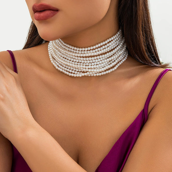 Wholesale Women's Multi Layer Imitation Pearl Necklace With Geometric Pattern Ball Chain Baroque Retro Style