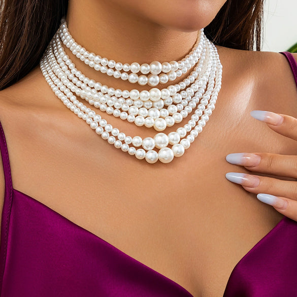 Wholesale Women's Multi Layer Imitation Pearl Necklace With Geometric Pattern Ball Chain Baroque Retro Style