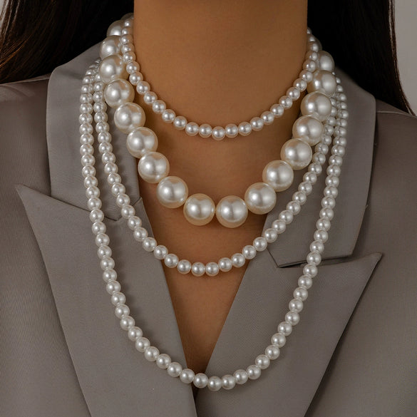 Wholesale Women's Multi Layer Imitation Pearl Necklace With Geometric Pattern Ball Chain Baroque Retro Style