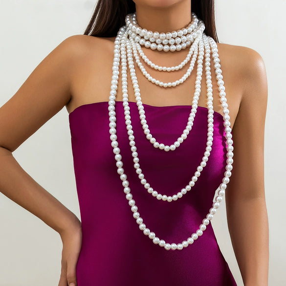 Wholesale Women's Multi Layer Imitation Pearl Necklace With Geometric Pattern Ball Chain Baroque Retro Style