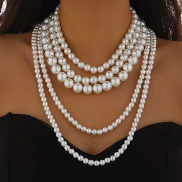 Wholesale Women's Multi Layer Imitation Pearl Necklace With Geometric Pattern Ball Chain Baroque Retro Style