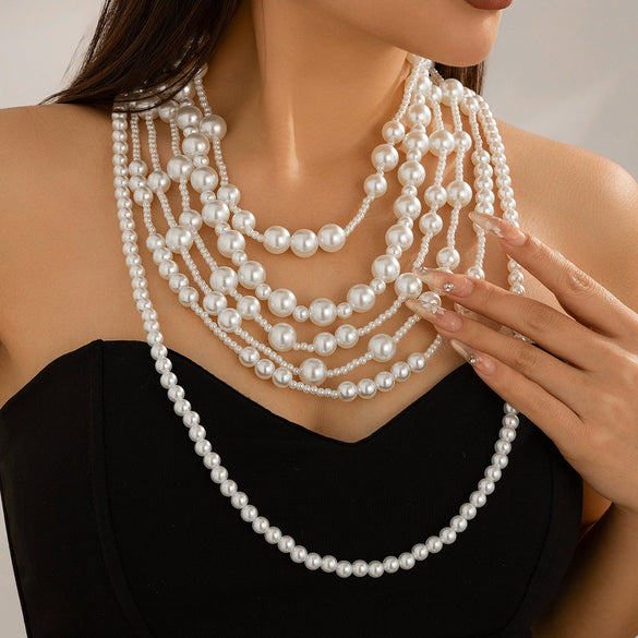 Wholesale Women's Multi Layer Imitation Pearl Necklace With Geometric Pattern Ball Chain Baroque Retro Style