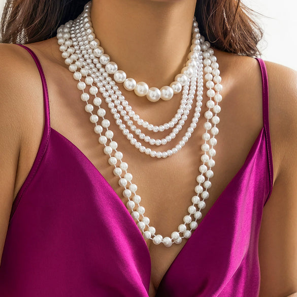 Wholesale Women's Multi Layer Imitation Pearl Necklace With Geometric Pattern Ball Chain Baroque Retro Style