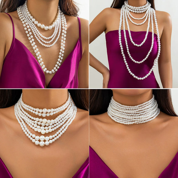 Wholesale Women's Multi Layer Imitation Pearl Necklace With Geometric Pattern Ball Chain Baroque Retro Style