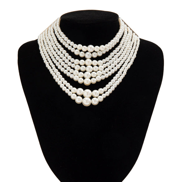 Wholesale Women's Multi Layer Imitation Pearl Necklace With Geometric Pattern Ball Chain Baroque Retro Style