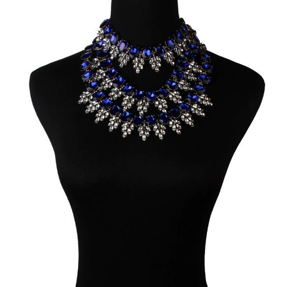 Wholesale Women's Multi Layer Short Clavicle Sweater Chain Necklace Zinc Alloy Blue Crystal Inlaid With Leaf Pattern Electroplated
