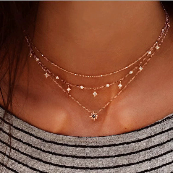 Wholesale Women's Multi Layer Star Pendant Necklace Alloy Material Snake Bone Chain Handmade Electroplated