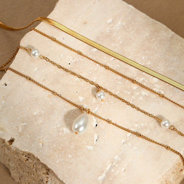 Wholesale Women's Multi Layer Water Drop Imitation Pearl Tassel Pendant Necklace In Geometric Style Made Of Stainless Steel With Electroplating