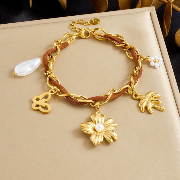 Wholesale Women's Multielement Retro Goldplated Stainless Steel Bracelet With Flower And Butterfly Pendant In Maillard Style