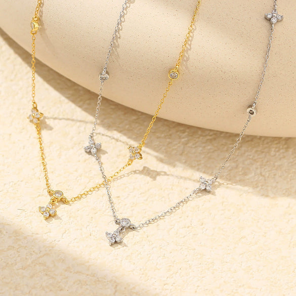 Wholesale Women's Multihanging Clavicle Necklace S925 Silver Fourleaf Clover Diamond Design