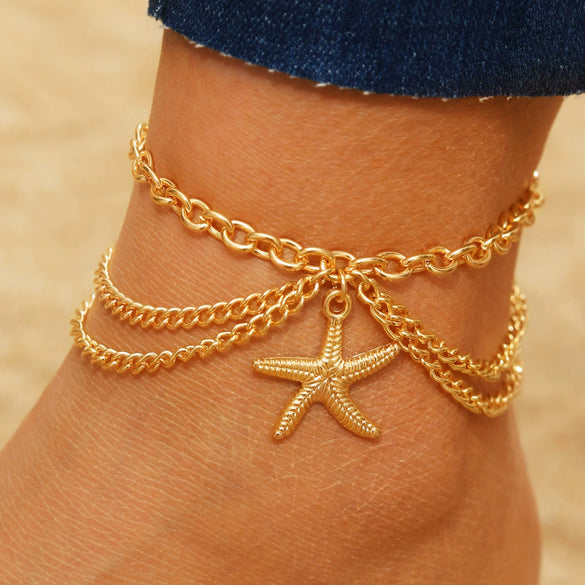 Wholesale Women's Multilayer Alloy Anklet With Hollow Chain Tassel Starfish Pendant And Geometric Design