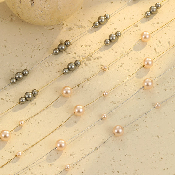 Wholesale Women's Multilayer Imitation Black Pearl Stainless Steel Stacked Geometric Wind Necklace With Electroplating
