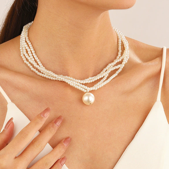 Wholesale Women's Multilayer Imitation Pearl Geometric Clavicle Chain Necklace With Letter Pattern And Electroplating Design