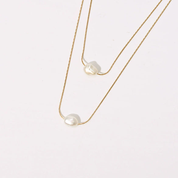 Wholesale Women's Multilayer Necklace Natural Freshwater Pearl Double Layer Stacked Copper Geometric Style