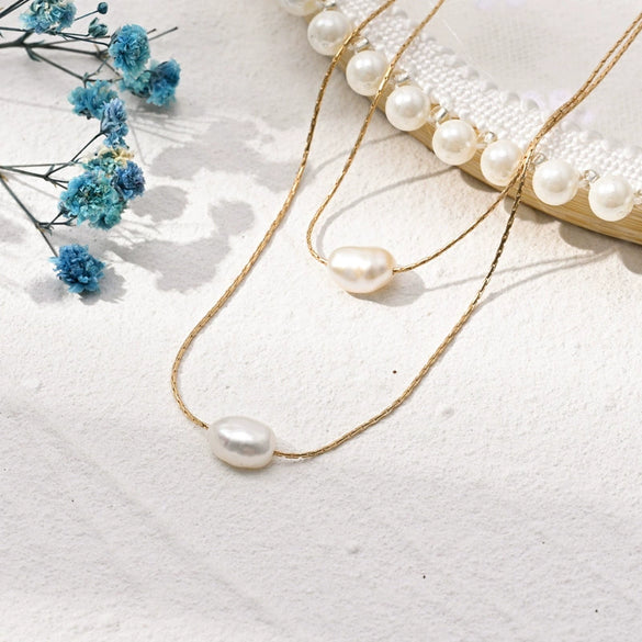Wholesale Women's Multilayer Necklace Natural Freshwater Pearl Double Layer Stacked Copper Geometric Style