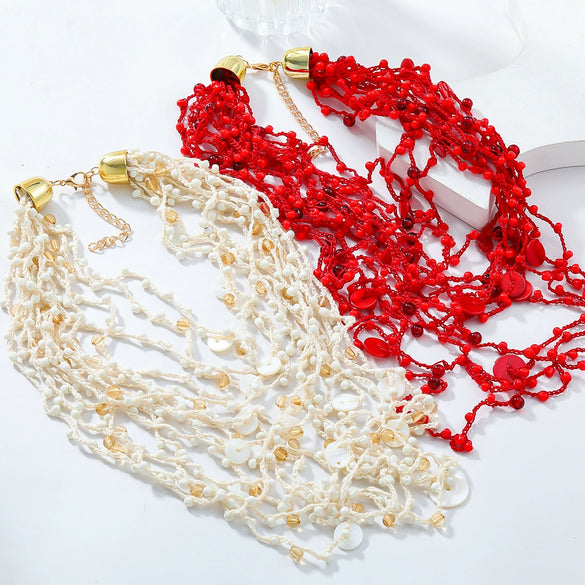Wholesale Women's Multilayer Resin Color Beaded Necklace With Geometric Pattern Alloy Pendant And Snake Bone Chain Diamond Treated