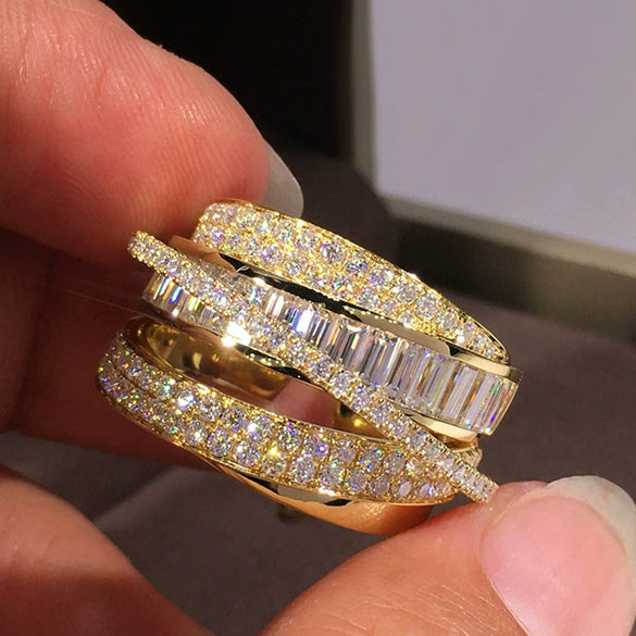 Wholesale Women's Multilayered Line Geometric Copper Zircon Ring