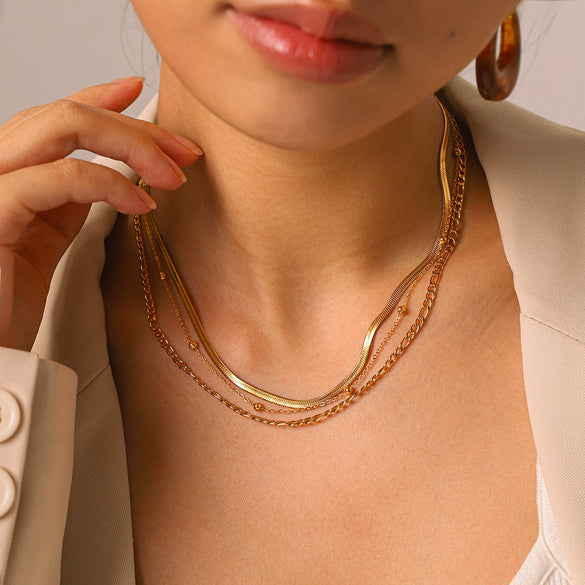 Wholesale Women's Multilayered Stacking Geometric Stainless Steel Necklaces With Real Gold Plating In The Furnace Snake Bone Chain