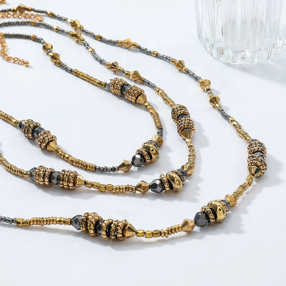 Wholesale Women's Multilayered Stone Beaded Necklace Zinc Alloy Geometric Hand Knitted Old Money Style