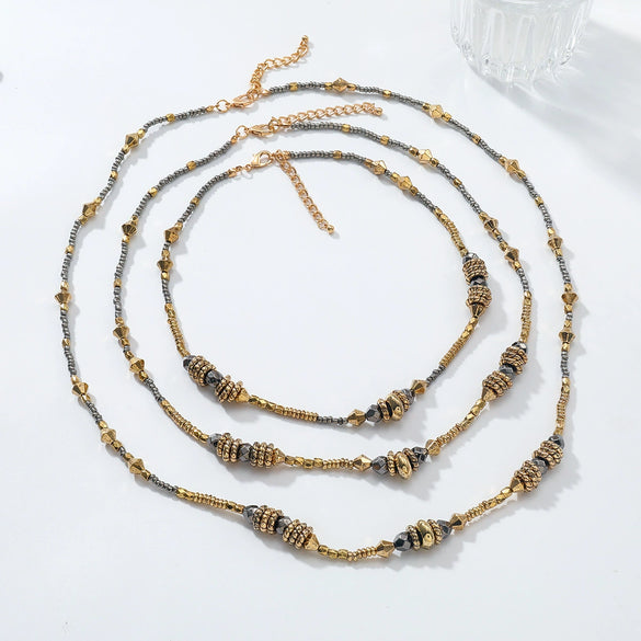 Wholesale Women's Multilayered Stone Beaded Necklace Zinc Alloy Geometric Hand Knitted Old Money Style