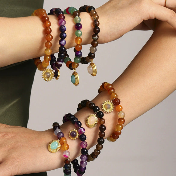 Wholesale Women's Natural Agate And 316L Stainless Steel Fashion Geometric Bracelet With Electroplating