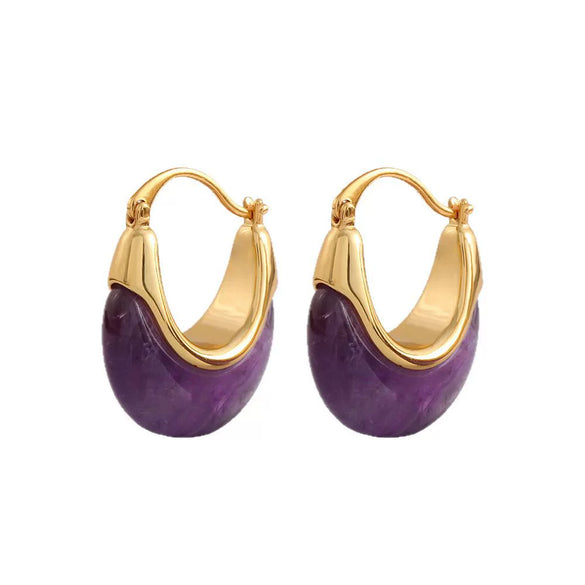 Wholesale Women's Natural Amethyst And Copper Geometric Ushaped Gold Plated Elegant Earrings