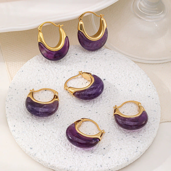 Wholesale Women's Natural Amethyst And Copper Geometric Ushaped Gold Plated Elegant Earrings