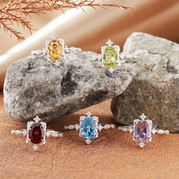 Wholesale Women's Natural Amethyst Citrine Color Geometric Crystal S925 Sterling Silver Ring Set With Crystal