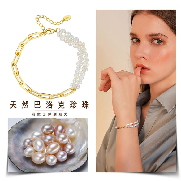Wholesale Women's Natural Baroque Shaped Freshwater Pearl S925 Sterling Silver Bracelet With Geometric Pattern And Electroplating Design