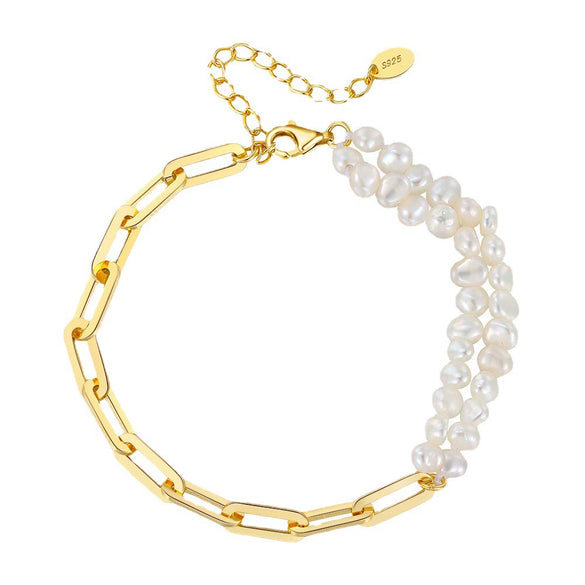 Wholesale Women's Natural Baroque Shaped Freshwater Pearl S925 Sterling Silver Bracelet With Geometric Pattern And Electroplating Design