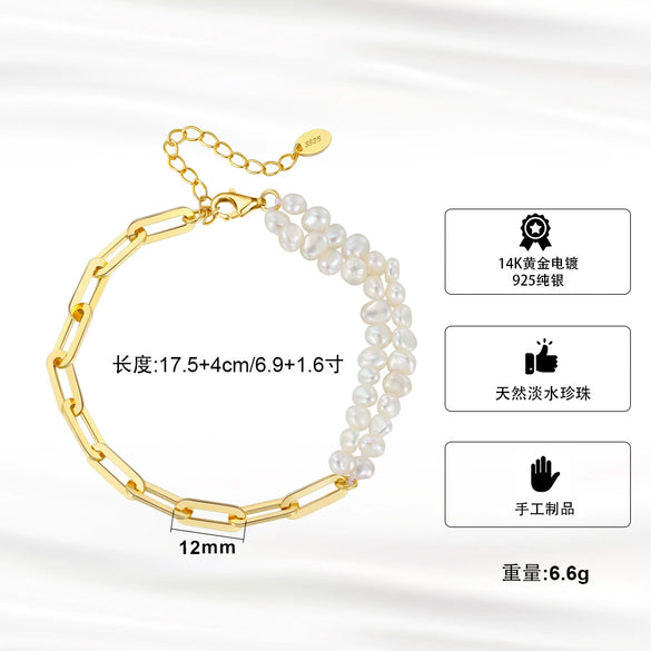 Wholesale Women's Natural Baroque Shaped Freshwater Pearl S925 Sterling Silver Bracelet With Geometric Pattern And Electroplating Design
