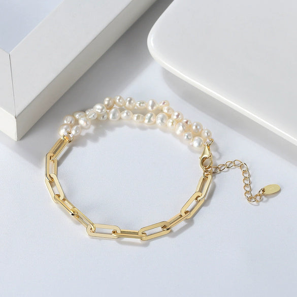 Wholesale Women's Natural Baroque Shaped Freshwater Pearl S925 Sterling Silver Bracelet With Geometric Pattern And Electroplating Design