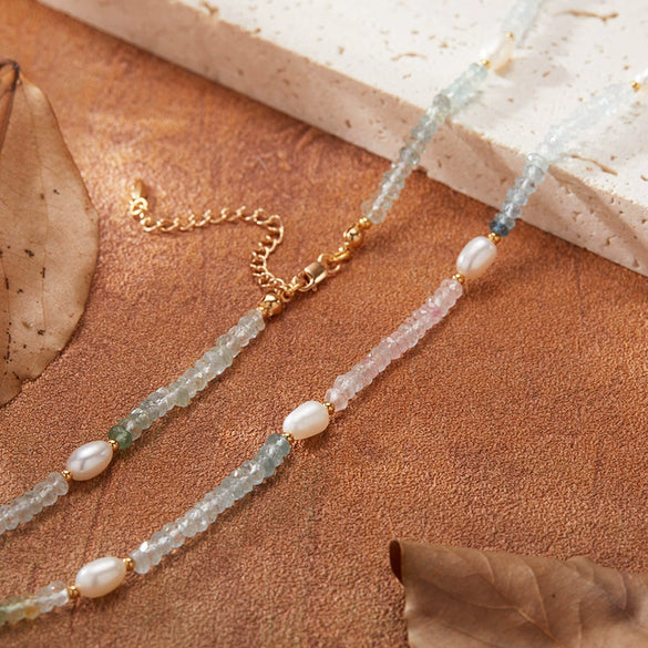 Wholesale Women's Natural Colored Gemstone Morganite And Pearl Clavicle Chain In S925 Sterling Silver With Geometric Pattern