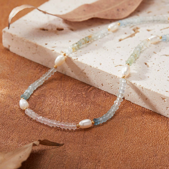 Wholesale Women's Natural Colored Gemstone Morganite And Pearl Clavicle Chain In S925 Sterling Silver With Geometric Pattern