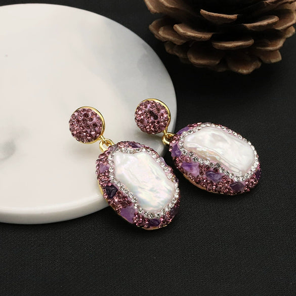 Wholesale Women's Natural Freshwater Pearl And Amethyst Geometric Earrings With Electroplating Versatile And Minimalist Style