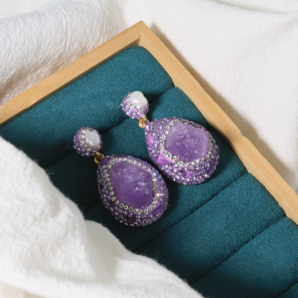 Wholesale Women's Natural Freshwater Pearl And Amethyst Geometric Earrings With Electroplating Versatile And Minimalist Style